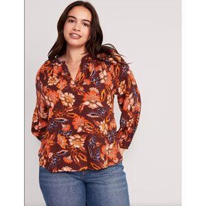 Old Navy Split Neck Blouse Top Women Plus 3X Orange Brown Floral Peasant Cottage